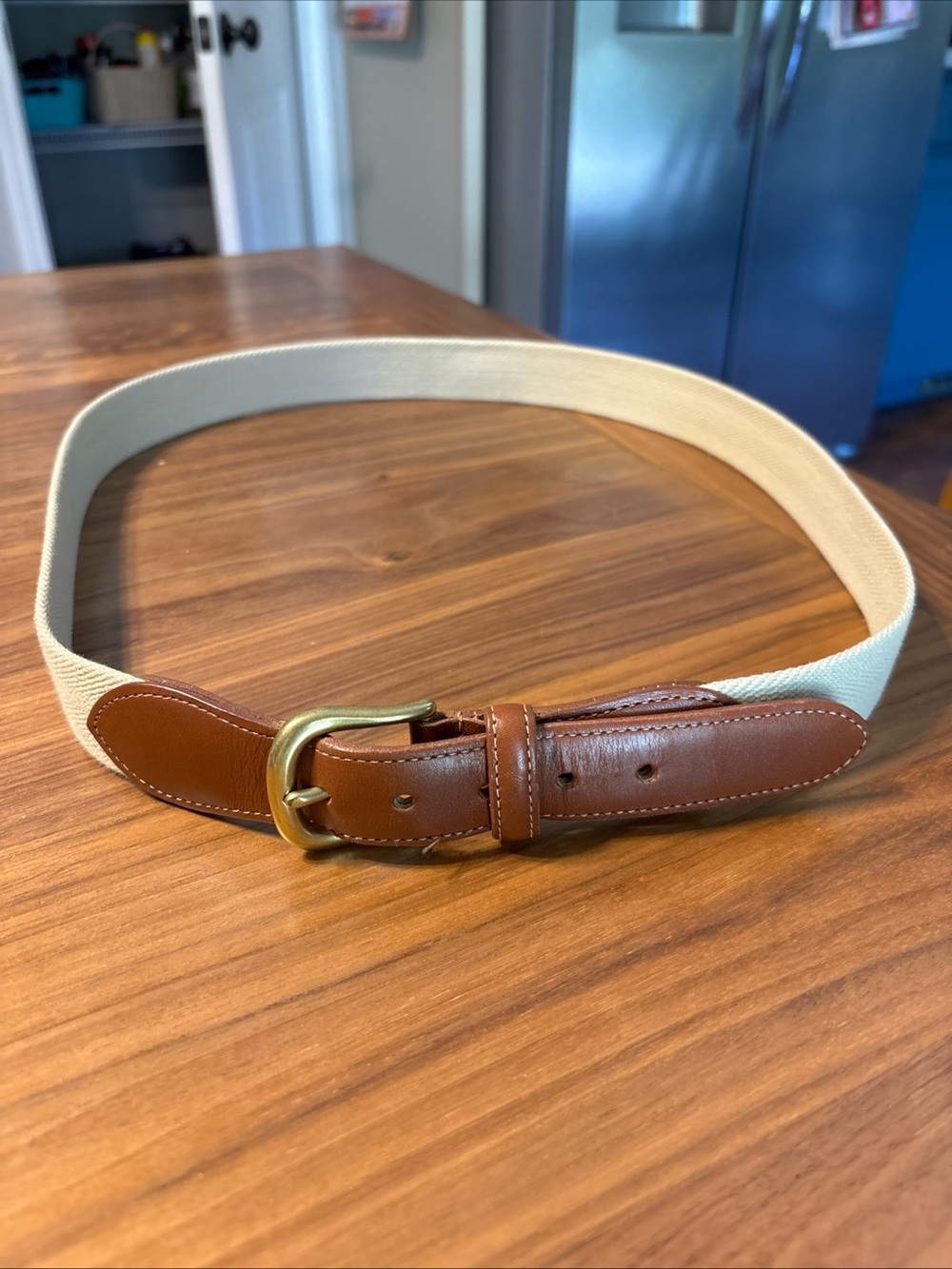 Vintage Coach Belt 42 Brown Tan Natural Linen Leather Canvas Brass 3880